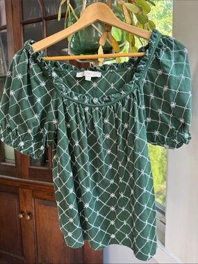 LOFT Dark Green Embroidered Square-Neck Puff Sleeve Blouse